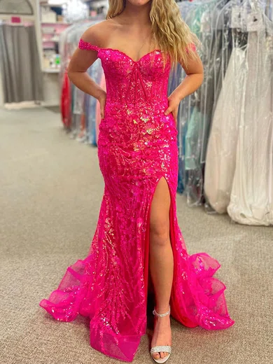 Mermaid Off-the-shoulder Sparkly Sequin Prom Dresses With Appliques #UKM020120234