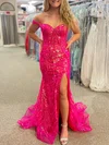 Trumpet/Mermaid Off-the-shoulder Sequined Sweep Train Prom Dresses With Appliques Lace #UKM020120234