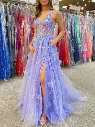 Ball Gown/Princess V-neck Tulle Glitter Sweep Train Prom Dresses With Appliques Lace #UKM020120225