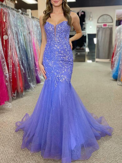 Trumpet/Mermaid V-neck Tulle Glitter Sweep Train Prom Dresses With Appliques Lace #UKM020120232
