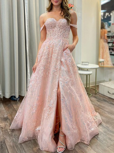 Ball Gown/Princess Off-the-shoulder Organza Glitter Sweep Train Prom Dresses With Appliques Lace #UKM020120246