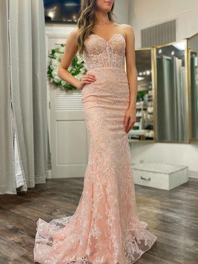 Trumpet/Mermaid Sweetheart Tulle Sweep Train Prom Dresses With Appliques Lace #UKM020120259