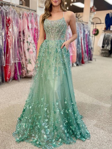 Ball Gown/Princess Scoop Neck Glitter Floor-length Prom Dresses With Appliques Lace #UKM020120236