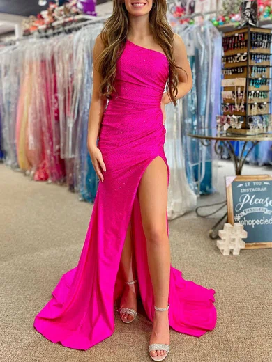 Mermaid One Shoulder Jersey Beaded Prom Dresses With Ruched #UKM020120239