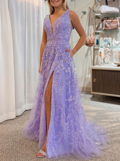 Ball Gown/Princess V-neck Tulle Sweep Train Prom Dresses With Beading #UKM020120273