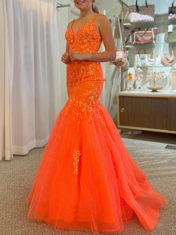 Trumpet/Mermaid V-neck Tulle Glitter Sweep Train Prom Dresses With Appliques Lace #UKM020120275