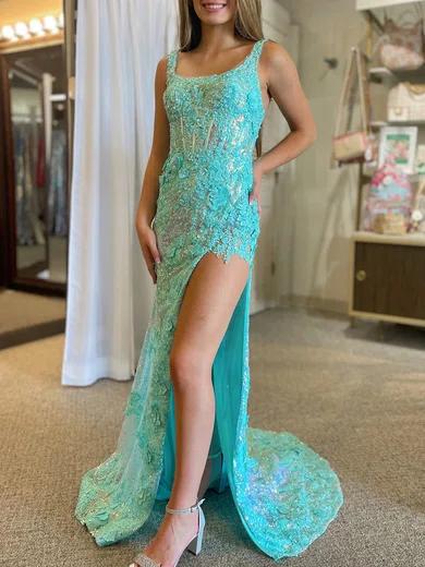 Mermaid Square Neck Sparkly Sequin Prom Dresses With Appliques #UKM020120286