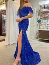 Mermaid Off-the-shoulder Sparkly Sequin Prom Dresses With Feather #UKM020120288