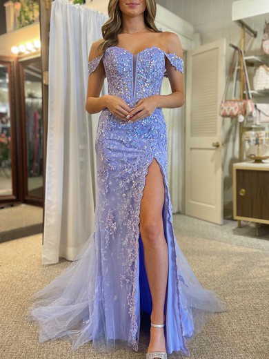 Trumpet/Mermaid Off-the-shoulder Tulle Glitter Sweep Train Prom Dresses With Appliques Lace #UKM020120295