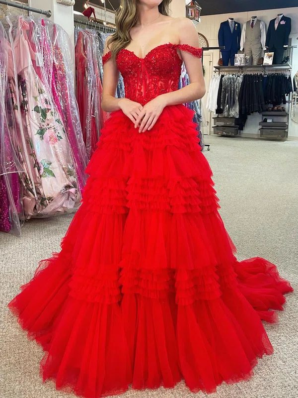 Ball Gown Off-the-shoulder Tulle Tiered Prom Dresses With Appliques #UKM020120230