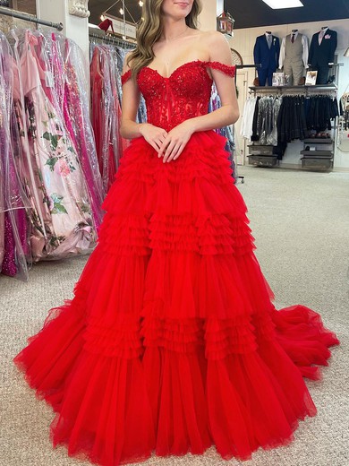 Ball Gown/Princess Off-the-shoulder Tulle Sweep Train Prom Dresses With Beading #UKM020120230