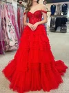 Ball Gown Off-the-shoulder Tulle Tiered Prom Dresses With Appliques #UKM020120230