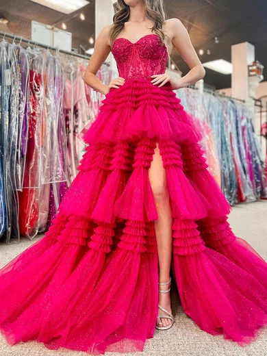 Ball Gown Strapless Tulle Ruffle Tiered Prom Dresses With Appliques #UKM020120237