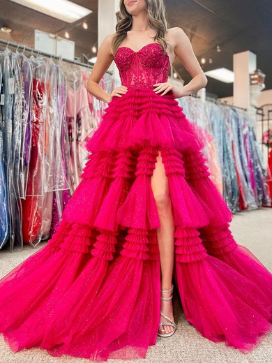 Ball Gown/Princess Sweetheart Tulle Glitter Sweep Train Prom Dresses With Appliques Lace #UKM020120237