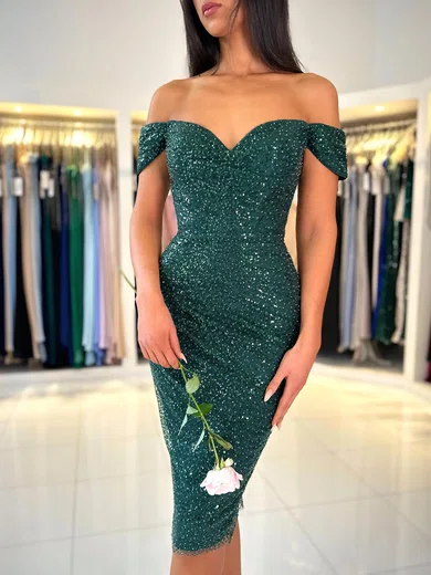 Sheath/Column Off-the-shoulder Sparkly Sequin Prom Dresses With Ruched #UKM020119510
