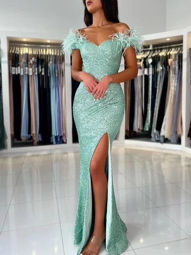 Sheath/Column Off-the-shoulder Sparkly Sequin Prom Dresses With Feather #UKM020119523