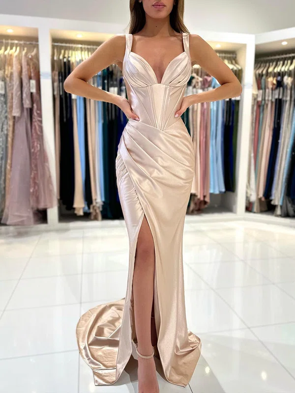 Trumpet/Mermaid V-neck Silk-like Satin Sweep Train Prom Dresses With Ruched #UKM020119524