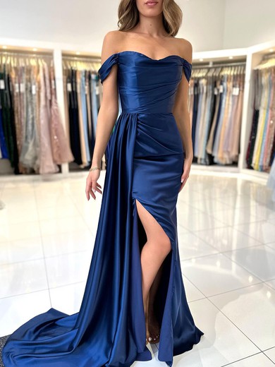 Sheath/Column Off-the-shoulder Silk-like Satin Sweep Train Prom Dresses With Ruched #UKM020119525