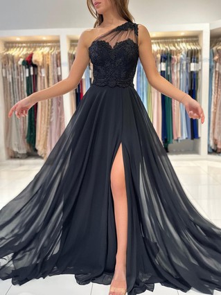 Black A-line Split Prom Dress With Lace Appliques, MP819