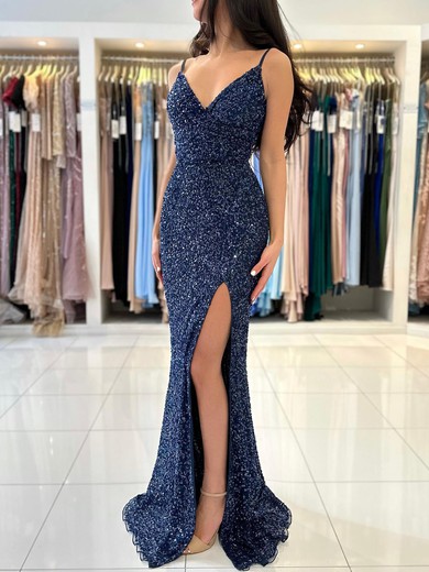 Trumpet/Mermaid V-neck Sequined Sweep Train Prom Dresses With Split Front #UKM020119540