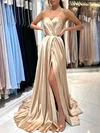 A-line Sweetheart Silk-like Satin Sweep Train Prom Dresses With Ruched #UKM020119544