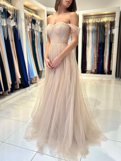 Ball Gown/Princess Off-the-shoulder Tulle Floor-length Prom Dresses With Ruched #UKM020119545