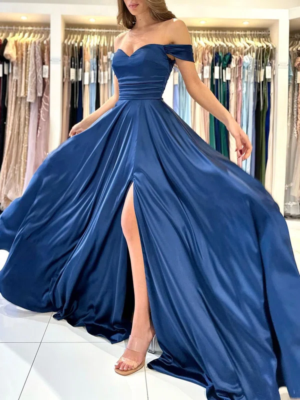 A-line Off-the-shoulder Silk-like Satin Sweep Train Prom Dresses With Ruched #UKM020119546