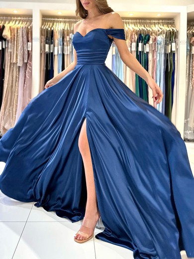 A-line Off-the-shoulder Silk-like Satin Sweep Train Prom Dresses With Ruched #UKM020119546