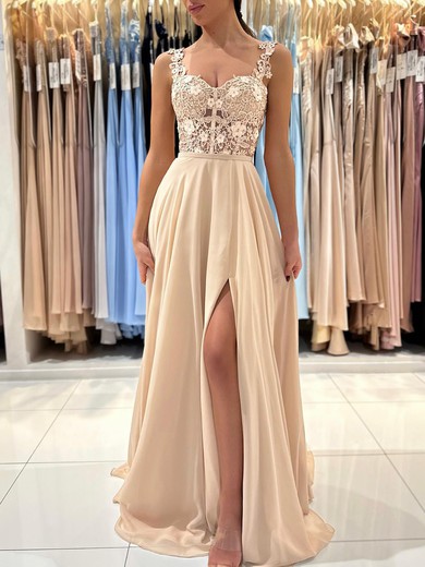 A-line Sweetheart Chiffon Sweep Train Prom Dresses With Appliques Lace #UKM020119551