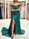 Trumpet/Mermaid Off-the-shoulder Silk-like Satin Sweep Train Prom Dresses With Drawstring Side #UKM020119554