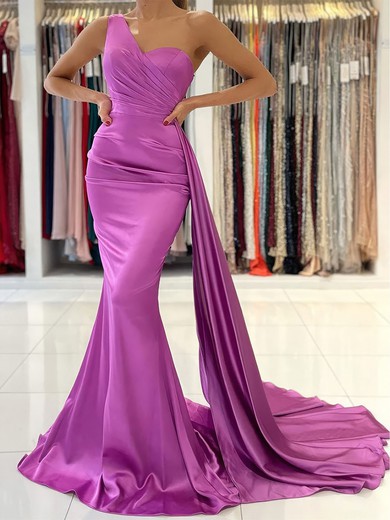 Trumpet/Mermaid One Shoulder Silk-like Satin Sweep Train Prom Dresses With Ruched #UKM020119556