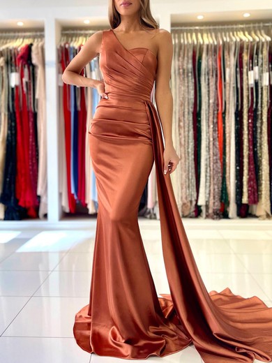 Trumpet/Mermaid One Shoulder Silk-like Satin Sweep Train Prom Dresses With Ruched #UKM020119556