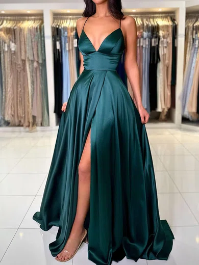 A-line V-neck Satin Sweep Train Evening Dresses With Split Front PT020119557