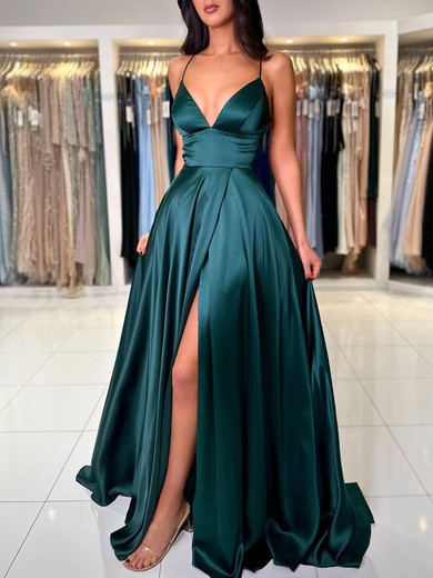 A-line V-neck Silk-like Satin Sweep Train Prom Dresses With Split Front #UKM020119557