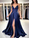 A-line V-neck Satin Prom Dresses With Ruched #UKM020119558