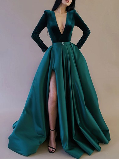 Ball Gown/Princess V-neck Satin Velvet Floor-length Prom Dresses With Pockets #UKM020119274