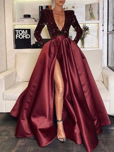 Ball Gown V-neck Sparkly Sequin Satin Prom Dresses With Long Sleeves #UKM020119275