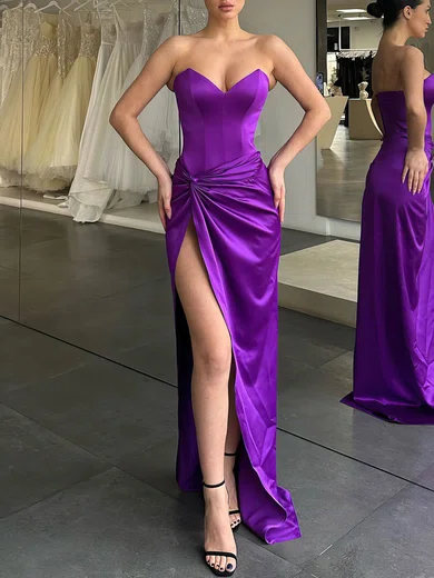 Sheath/Column V-neck Satin Sweep Train Evening Dresses With Split Front PT020119298