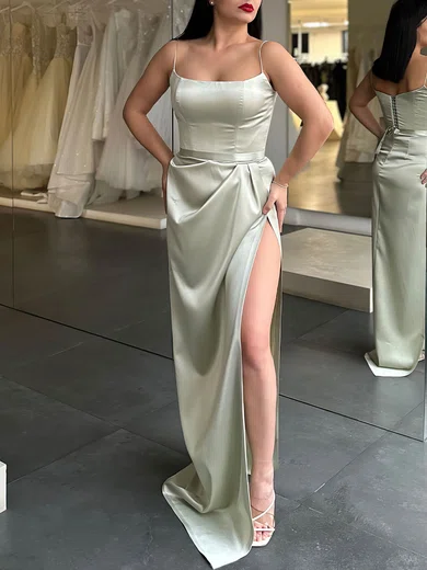 Sheath/Column Square Neck Satin Prom Dresses With Ruched #UKM020119303