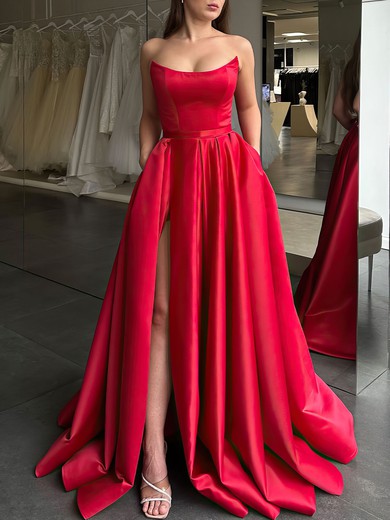 Ball Gown/Princess Straight Satin Floor-length Prom Dresses With Pockets #UKM020119310