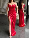 Red Sheath/Column V-neck Satin Prom Dresses With Ruched #UKM020119320