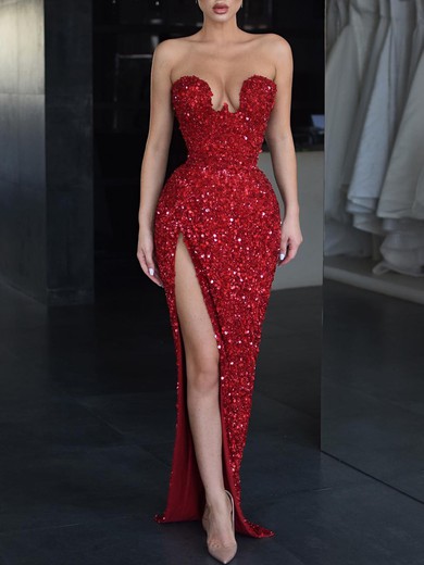 Sheath/Column Straight Sequined Floor-length Prom Dresses With Split Front #UKM020119330