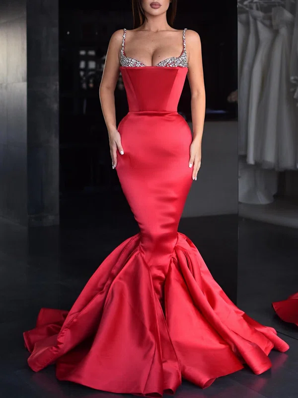 Trumpet/Mermaid V-neck Satin Sweep Train Prom Dresses With Crystal Detailing #UKM020119331