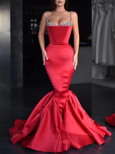 Mermaid V-neck Satin Prom Dresses With Beading #UKM020119331