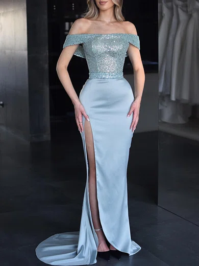 Mermaid Off-the-shoulder Satin Sequin Modest Prom Dresses #UKM020119336
