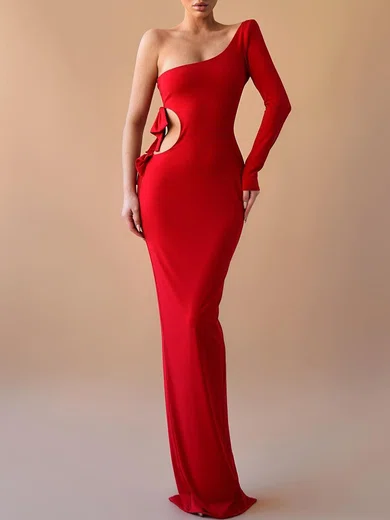 Sheath/Column One Shoulder Jersey Floor-length Evening Dresses With Ruffles PT020119341