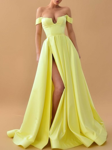 Ball Gown/Princess Off-the-shoulder Satin Floor-length Prom Dresses With Pockets #UKM020119342