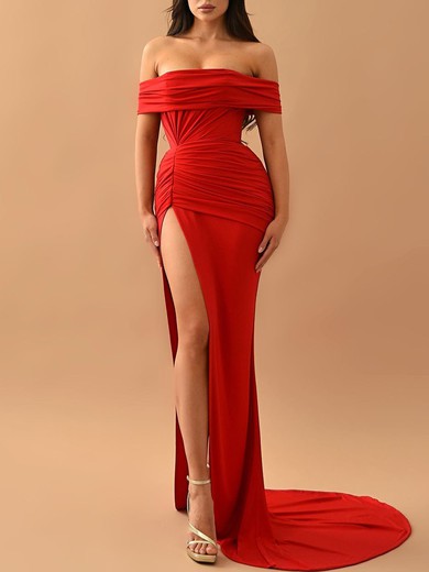 Sheath/Column Off-the-shoulder Jersey Sweep Train Prom Dresses With Ruched #UKM020119344