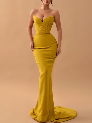 Trumpet/Mermaid V-neck Stretch Crepe Sweep Train Prom Dresses With Ruched #UKM020119352
