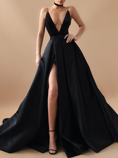 Ball Gown/Princess V-neck Satin Court Train Prom Dresses With Split Front #UKM020119354